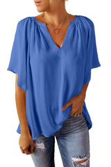 Blue Casual Split Neck Pleated Loose Short Sleeve Blouse