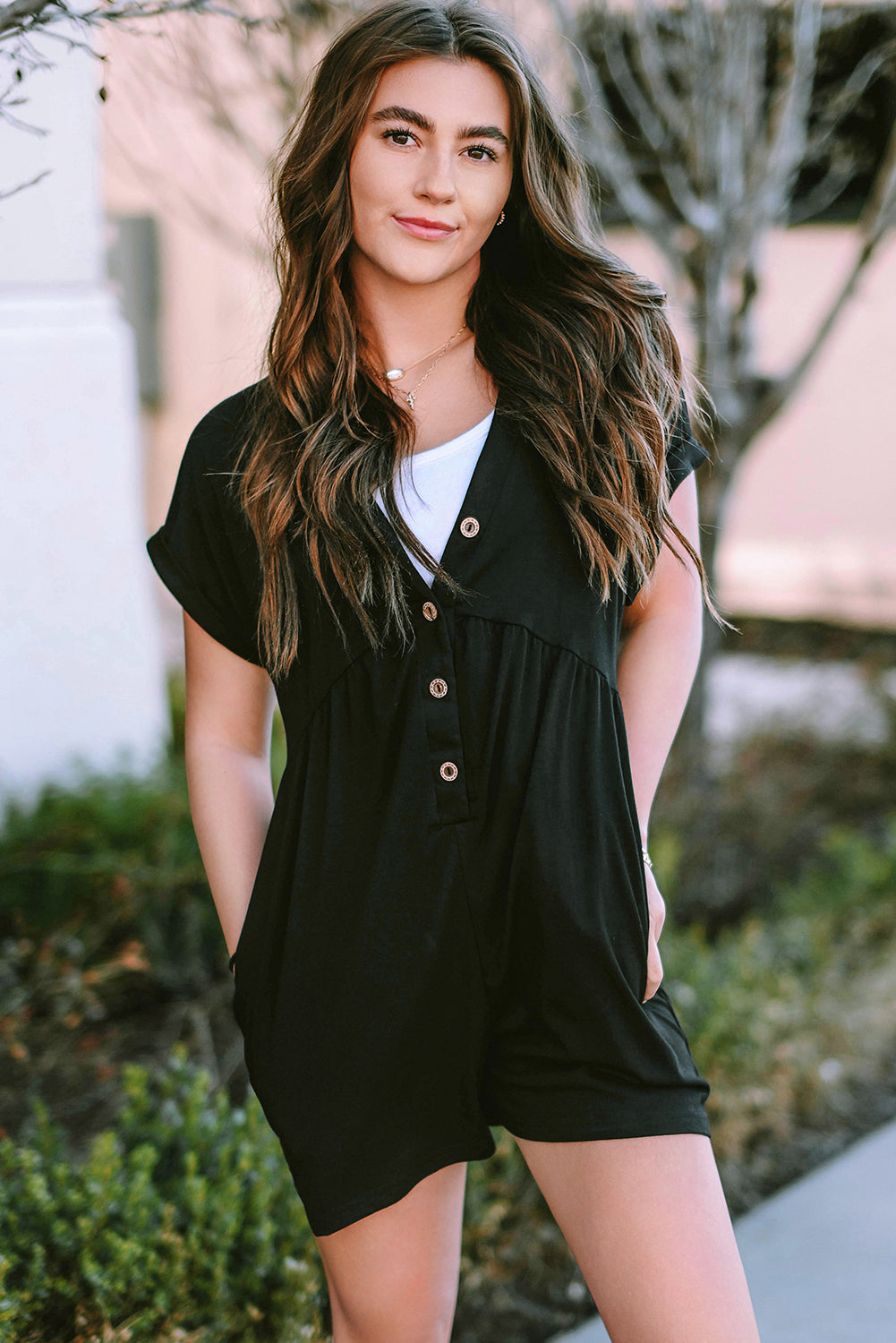 Black V Neck Buttons Loose Cuffed Short Sleeve Romper