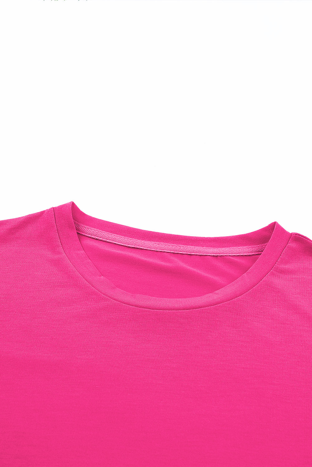 Rose Red Solid Color Crew Neck Roll Up Sleeve Tee