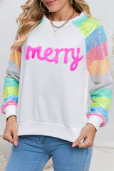 White Christmas merry Graphic Sequin Color Block Sleeve Sweatshirt