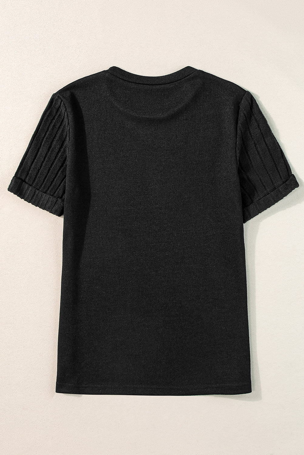 Black Ribbed Splicing Short Sleeve Round Neck T-shirt