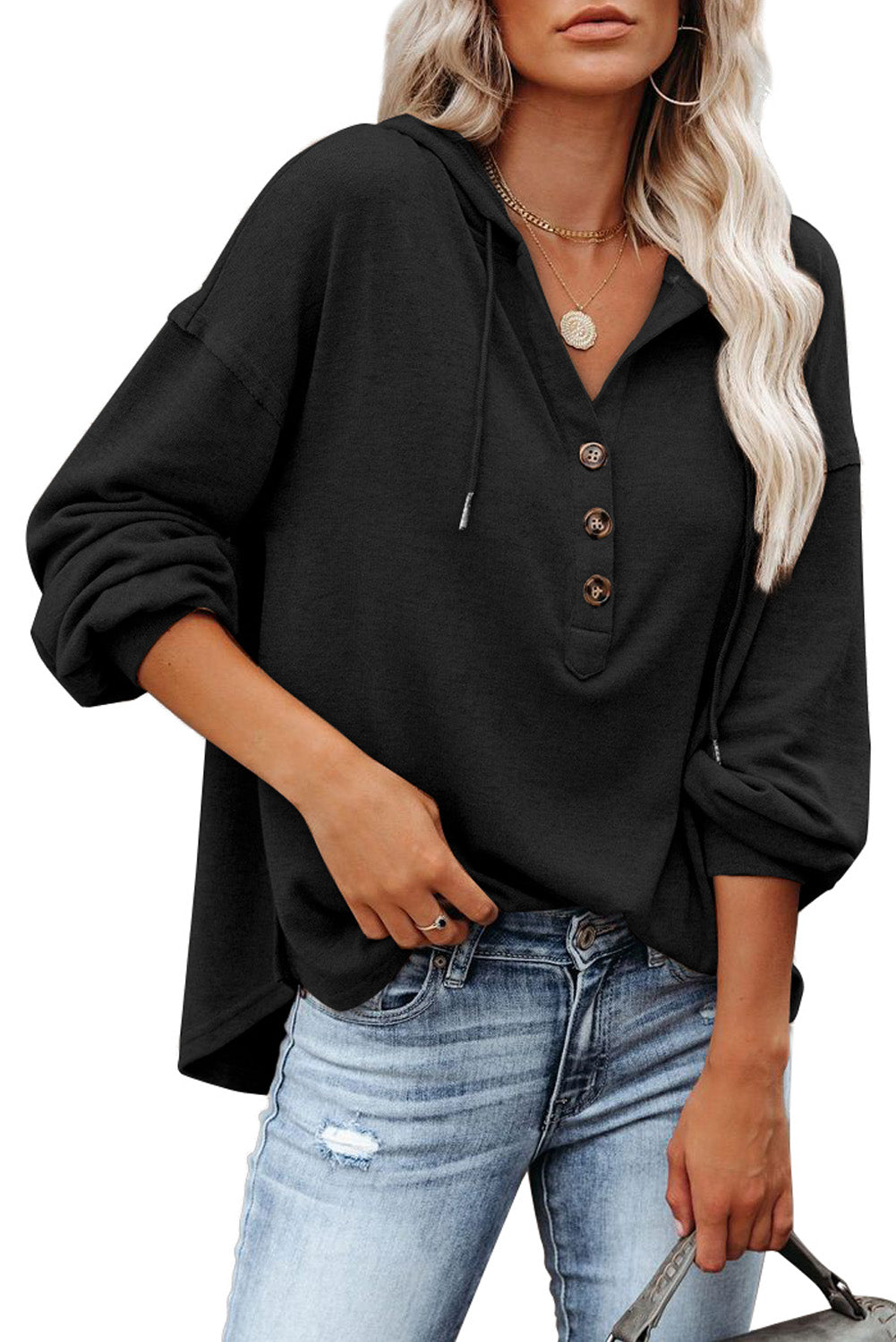 Black Button Front Pullover Hooded Sweatshirt