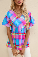 Sky Blue Colorful Plaid V Neck Ruffled Babydoll Blouse