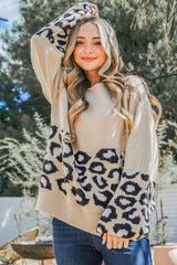 Khaki and Animal Print Color Block Raglan Sleeve Knit Pullover Sweater