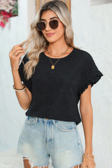 Black Solid Textured Frill Cuffs Short Sleeve Blouse