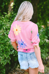 Pink Colorful Floral Print Puff Sleeve Waffle Knit T Shirt