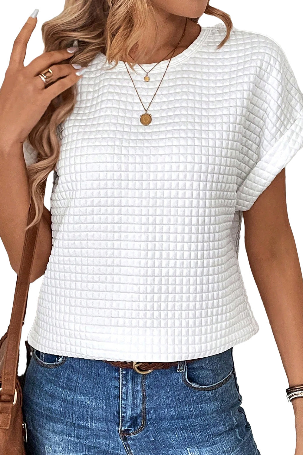 White Textured Batwing Sleeve Plain T Shirt