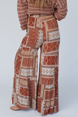 Brown Boho Geometric Print Patchwork Tiered Wide Leg Pants