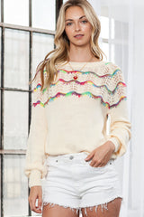 White Raglan Sleeve Tie Back Pullover Crochet Sweater