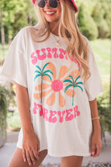 White Summer Forever Flower Graphic Tunic T Shirt