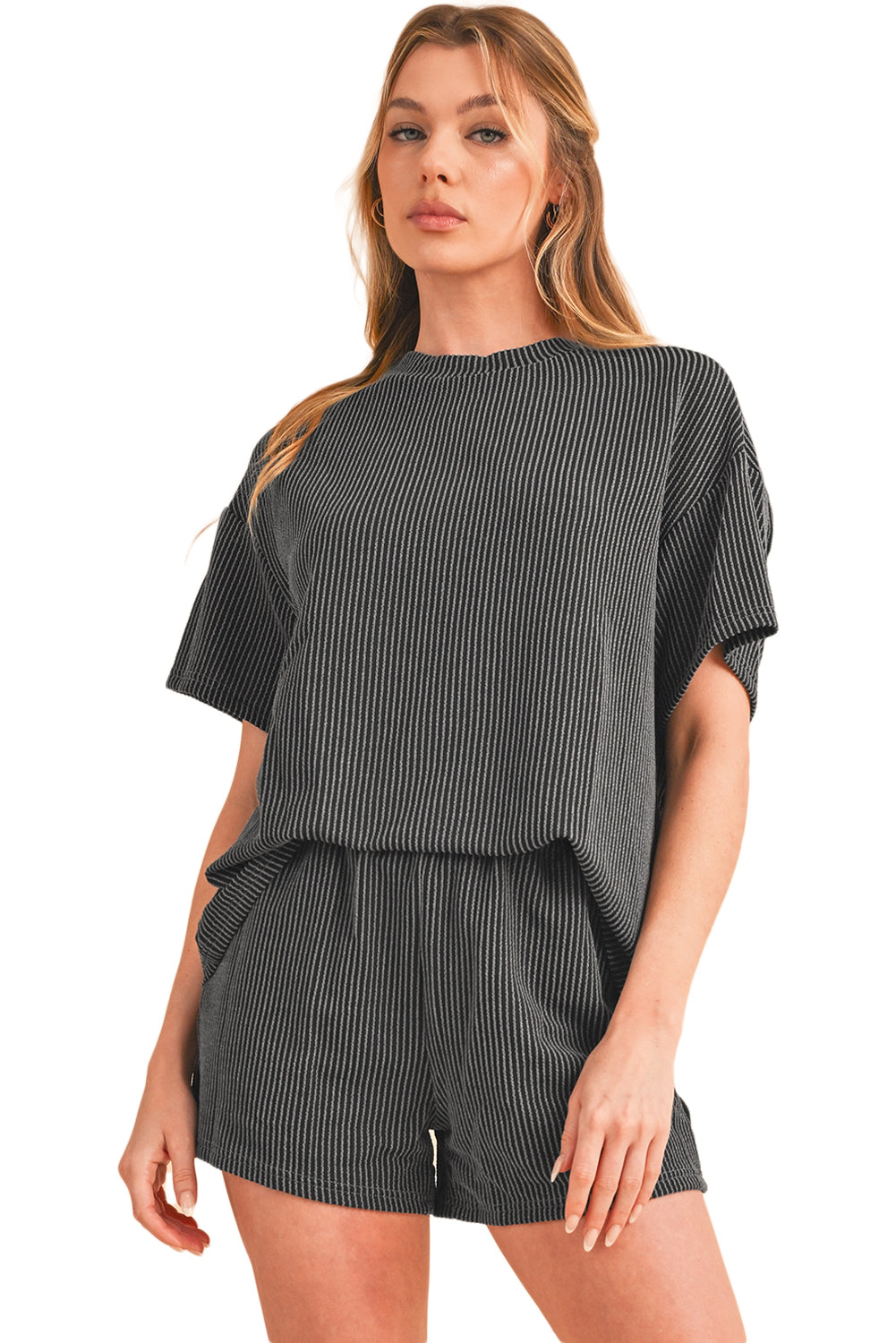 Carbon Grey Ribbed Textured Loose Fit Tee & Shorts Set