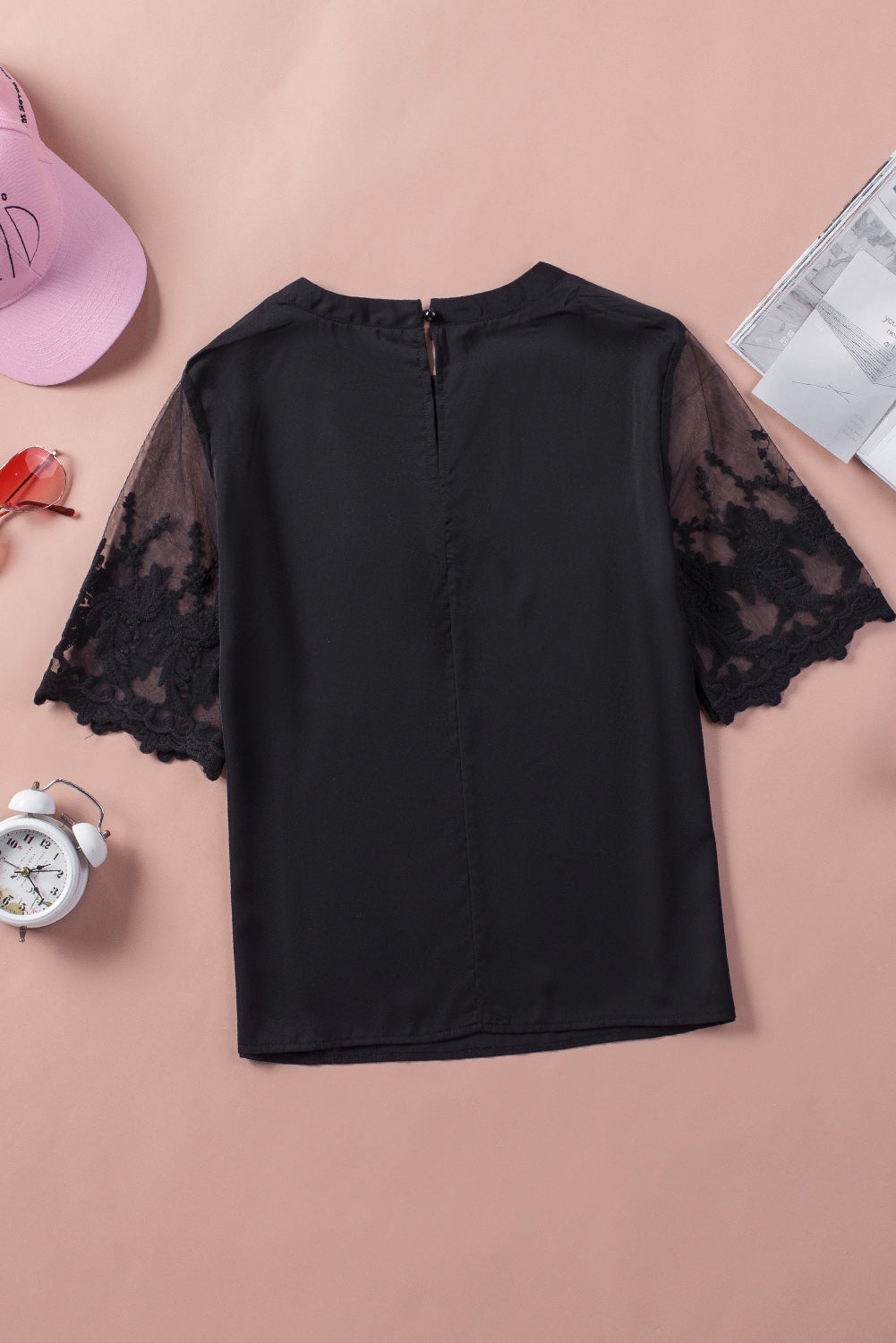 Black Sheer Flower Lace Short Sleeve Summer Top