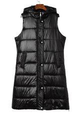 Black Hooded Pocketed Quilted Long Vest Coat