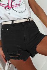 Black Solid Color Distressed Denim Shorts