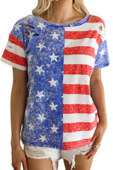 Stripe American Flag Print Distressed Round Neck T Shirt