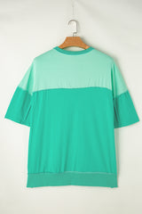 Bright Green Contrast Color Patchwork Oversized Henley T Shirt