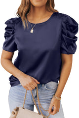 Dark Blue Elegant Ruched Puff Sleeve Silk Blouse