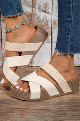 Beige Braided Detail Criss Cross Platform Slides Shoes