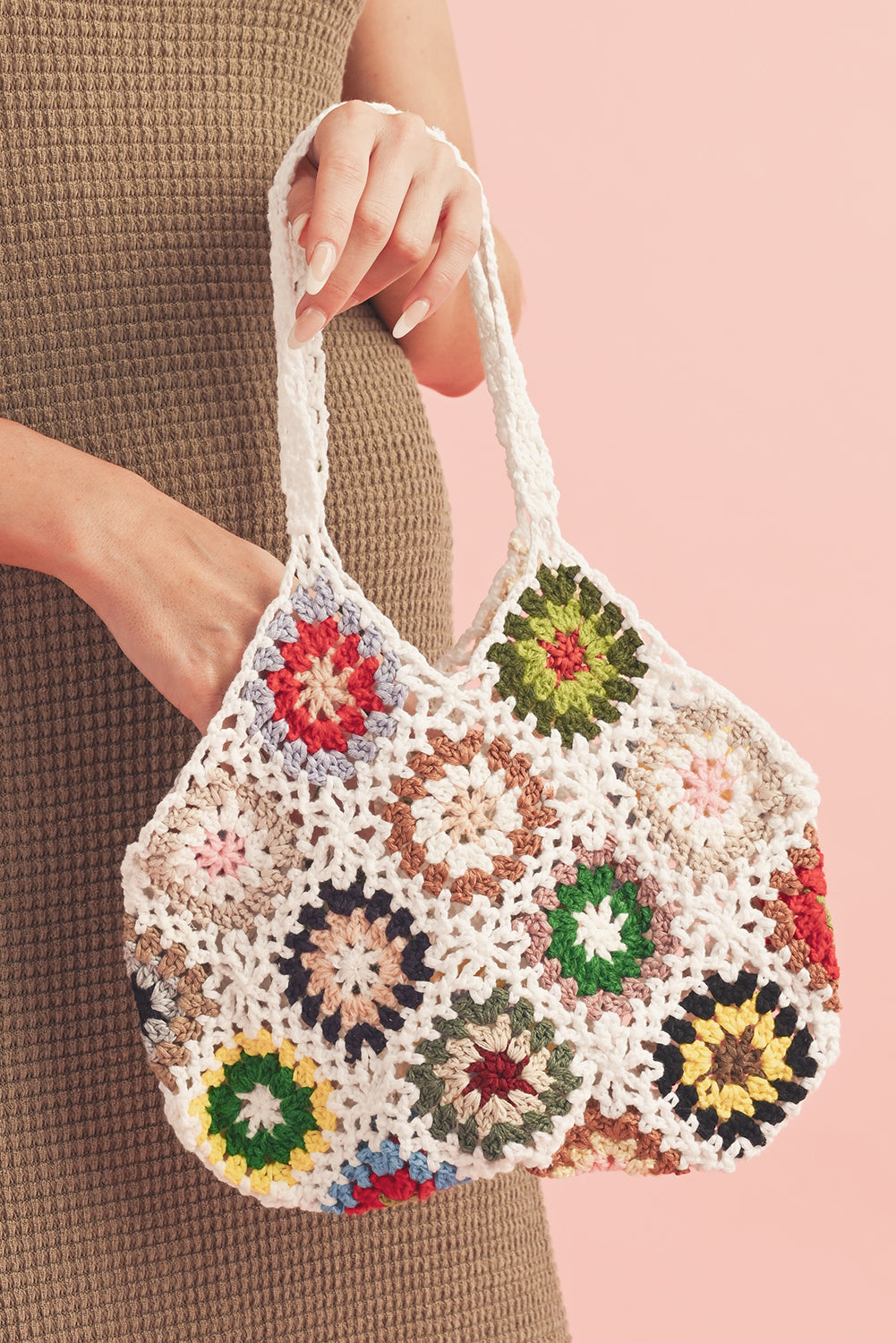 White Boho Floral Crochet Retro Hollowed Tote Bag