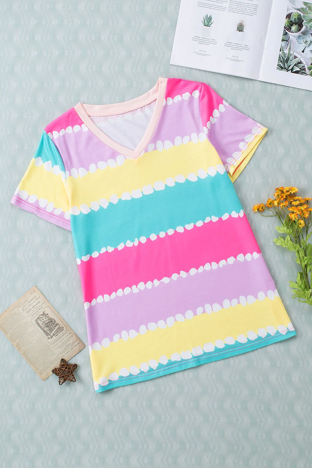 Yellow Color Block V Neck T Shirt