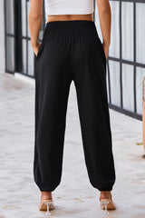 Black Pocketed Smocked High Waist Joggers