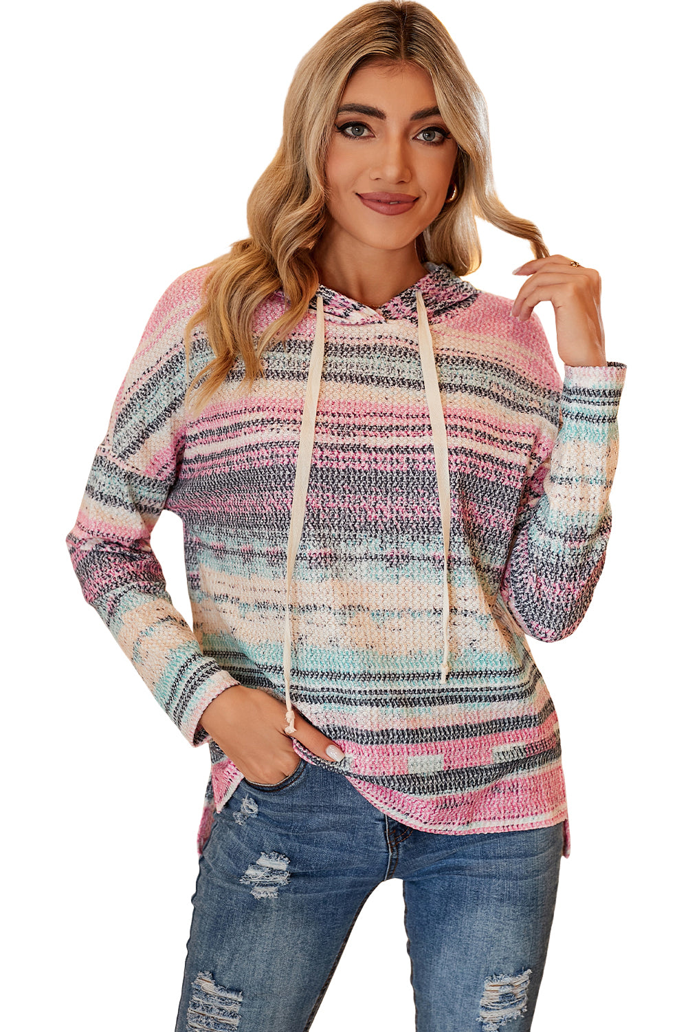 Multicolor Striped Print Drawstring Pullover Hoodie