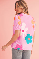 Pink Colorful Flower Print Bubble Sleeve Tee