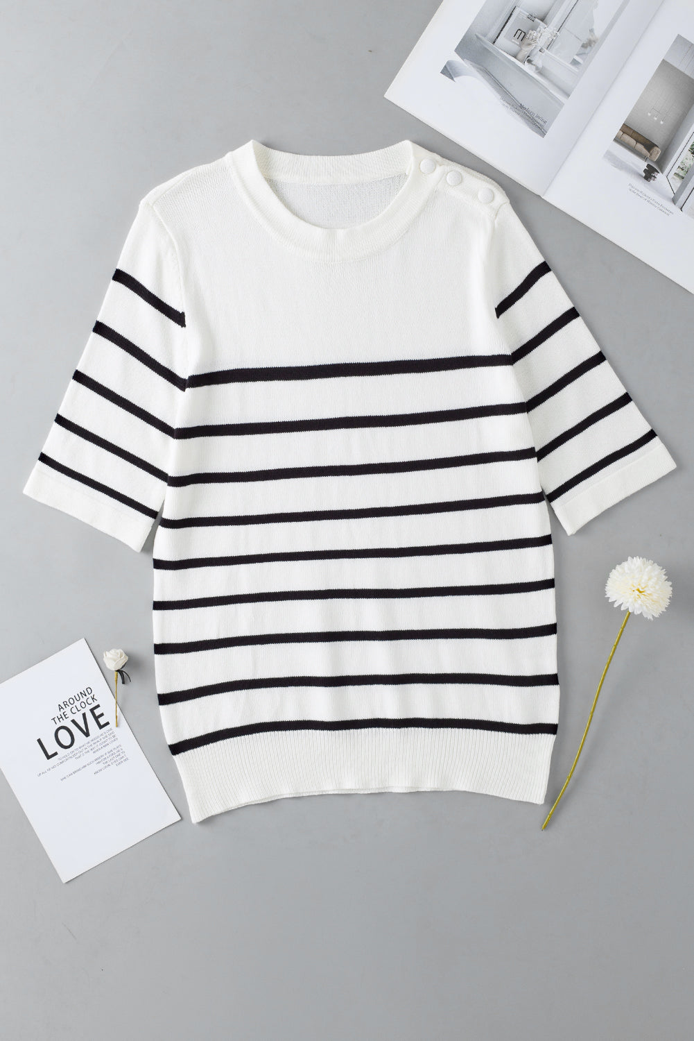 White Stripe Button Decor Half Sleeve Knitted Tee