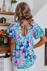 Sky Blue Boho Abstract Print V Neck Flutter Sleeve Blouse