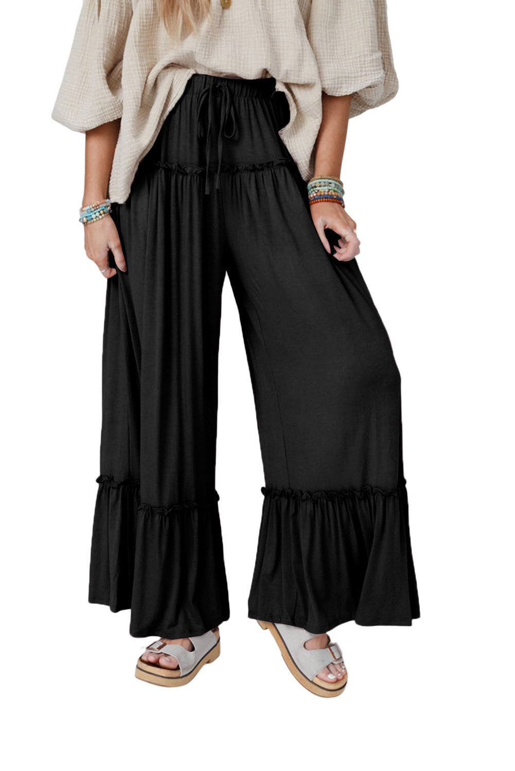 Black Frill Detail Drawstring High Waist Wide Leg Pants