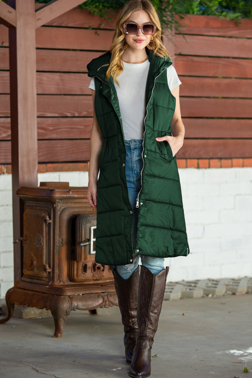 Green Hooded Pocketed Quilted Long Vest Coat