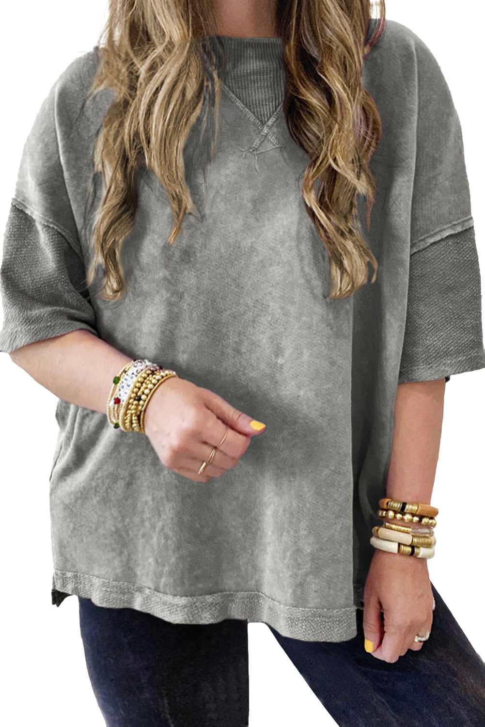 Light Grey Mineral Wash Drop Sleeve Patchwork Plus Size Tee