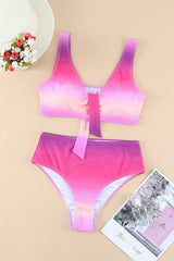 Purple Gradient Color Knotted V Neck Bikini Set