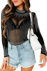 Black Rhinestone Sheer Slim Fit Long Sleeve Bodysuit