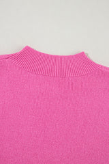 Pink Ribbed Knit Contrast Short Sleeve Mock Neck Sweater