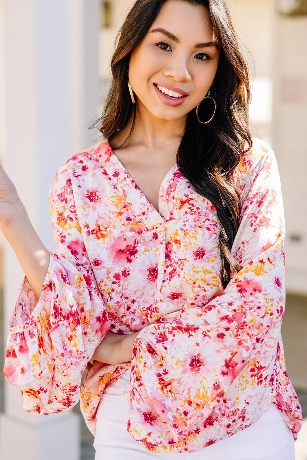 Pink Floral Print V-Neck Lantern Sleeve Blouse