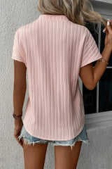 Pink Solid V-neck Textured Short Sleeve Blouse