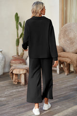 Black Plain Textured Collared V Neck Top and Wide Leg Pants Set