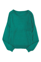 Green Solid Color Drop Shoulder Knitted Pullover Sweater