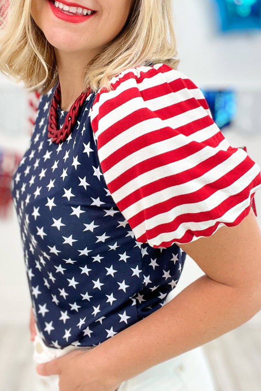 Navy Blue 4th Of July Stars & Striped Print T Shirt