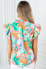 Green Tie Split Neck Ruffle Summer Cheetah Floral Blouse