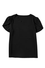 Black Scallop Trim V Neck Petal Sleeve Blouse