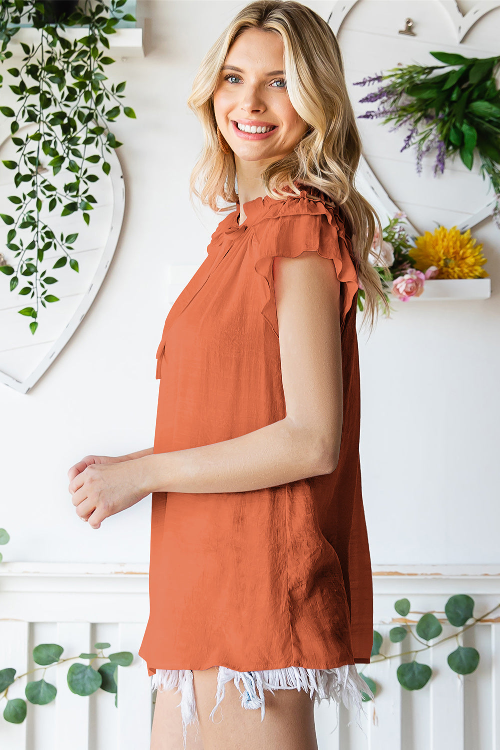 Red V Neck Tiered Ruffle Sleeve Summer Top