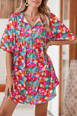 Sky Blue Boho Floral Print V Neck Lantern Sleeve Babydoll Dress