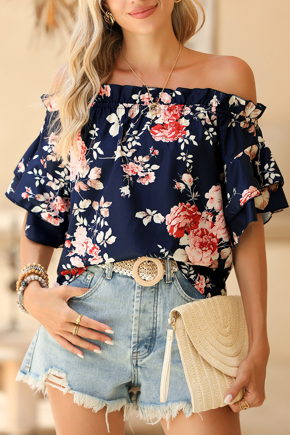 Blue Ruffle Off Shoulder Flounce Sleeve Floral Blouse