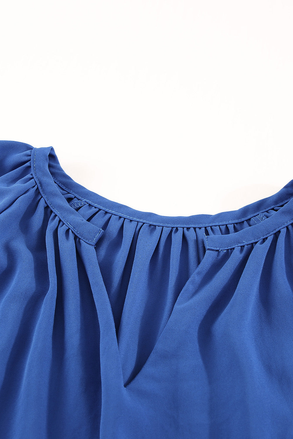 Blue Casual Split Neck Pleated Loose Short Sleeve Blouse