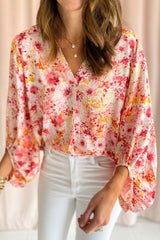 Pink Floral Print V-Neck Lantern Sleeve Blouse