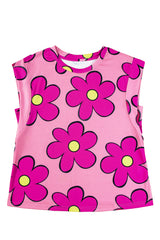 Pink Flower Print Round Neck Cap Sleeve T Shirt