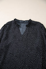 Black Plus Size Leopard Print Frill Notch V Neck Blouse