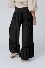 Black Frill Detail Drawstring High Waist Wide Leg Pants